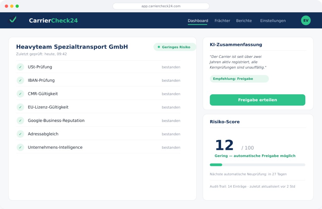 The CarrierCheck24 verification dashboard with risk score and AI summary